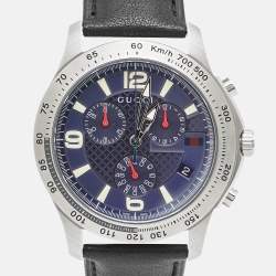Pre Owned Gucci Blue Stainless Steel Leather G-Timeless YA126223 Men's Wristwatch 44 mm