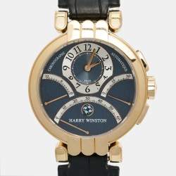 Pre Owned Harry Winston Blue Grey 18K Rose Gold Alligator Leather Premier Excenter 200/MCRA Retrograde Men's Wristwatch 39 mm