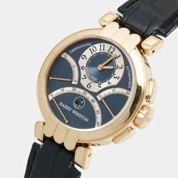 Pre Owned Harry Winston Blue Grey 18K Rose Gold Alligator Leather Premier Excenter 200/MCRA Retrograde Men's Wristwatch 39 mm