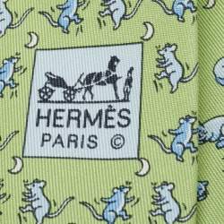 Pre Owned Hermès Green Cats and Mice Print Silk Tie