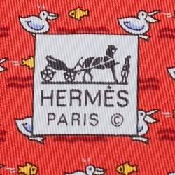 Pre Owned Hermès Red Duck and Fish Print Silk Tie