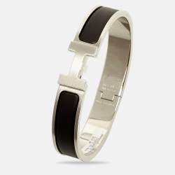 Pre Owned Hermes Clic HH Noir Mat Enamel Palladium Plated Bracelet
