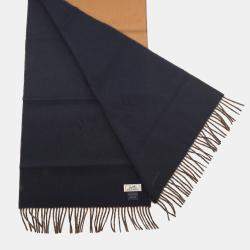 Pre Owned وشاح هي Hermes صوف كشمير مستطيل قابل للعكس لون جمل / بحري صوف كشمير 100%