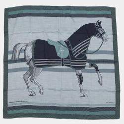 Pre Owned Hermes Carre H Cheval A La Couverture Horse Blanket Spiral Size 100 Ciel / Blue Marine / Celadonh104277T Cashmere70% Silk30%