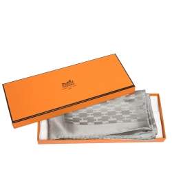 Hermes Grey Faconnee Grand H Silk Pocket Square