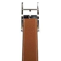 Pre Owned Hermes Noir/Gold Box and Togo Leather Quentin Reversible Belt 100 CM