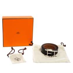 Pre Owned Hermes Noir/Gold Box and Togo Leather Quentin Reversible Belt 100 CM