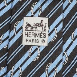 مملوكة مسبقًا Hermes Blue Horseshoe Striped Silk Tie 