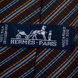 Pre Owned Hermes Brown Diagonal Striped Silk Jacquard Tie 