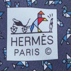 Hermes Navy Blue Tangram Printed Silk Tie