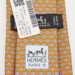 Pre Owned Hermès Orange H Au Maillon Printed Silk Skinny Tie
