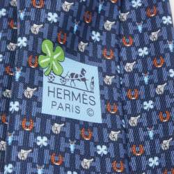 Pre Owned Hermès Navy Blue 7 Hermès Luck Printed Silk Slim Tie