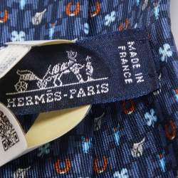 Pre Owned Hermès Navy Blue 7 Hermès Luck Printed Silk Slim Tie