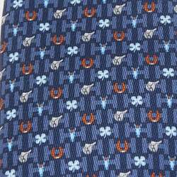 Pre Owned Hermès Navy Blue 7 Hermès Luck Printed Silk Slim Tie