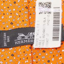 Pre Owned Hermes Orange 7 Bubble H Printed Silk Slim Tie