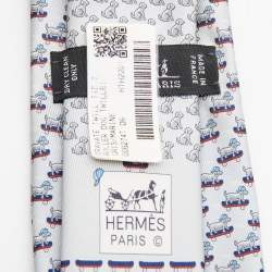 Pre Owned Hermès Silver 7 Roller Dog Twillbi Printed Silk Slim Tie 