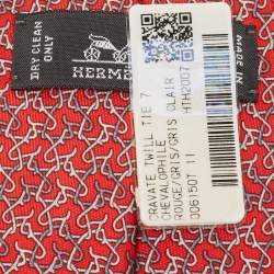 Pre Owned Hermès Red 7 Chevrophile Printed Silk Slim Tie