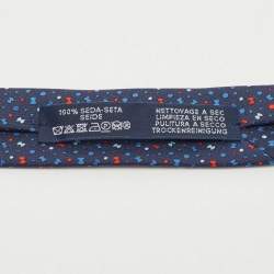 Pre Owned Hermès Navy Blue 7 Bubble H Printed Silk Slim Tie