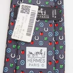 Pre Owned Hermès Grey Job Interview Printed Silk Slim Tie