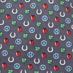 Pre Owned Hermès Grey Job Interview Printed Silk Slim Tie