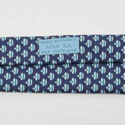 Pre Owned Hermès Navy Blue J'Ai Touche Pompon Printed Silk Slim Tie