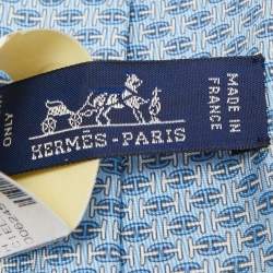 Pre Owned Hermès Blue H Au Maillon Printed Silk Skinny Tie