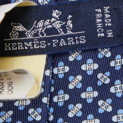 Hermès Navy Blue 7 Drone H Printed Silk Slim Tie