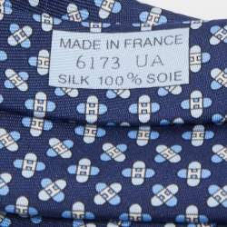 Hermès Navy Blue 7 Drone H Printed Silk Slim Tie