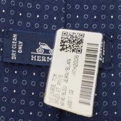 Pre Owned Hermes Navy Blue Cercles Et Pois Silk & Wool Jacquard Slim Tie