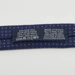 Pre Owned Hermes Navy Blue Cercles Et Pois Silk & Wool Jacquard Slim Tie