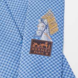 Pre Owned Hermes Blue Mega Chariot Silk Jacquard Slim Tie