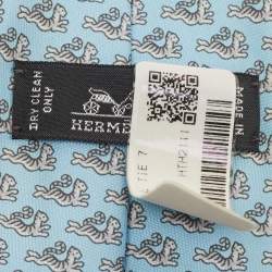 Pre Owned Hermès Blue 7 Happy Tiger Printed Silk Slim Tie