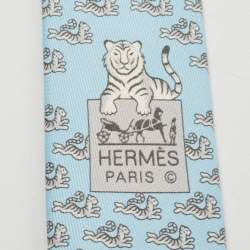 Pre Owned Hermès Blue 7 Happy Tiger Printed Silk Slim Tie
