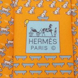 Pre Owned Hermès Orange Roller Dog Printed Silk Slim Tie