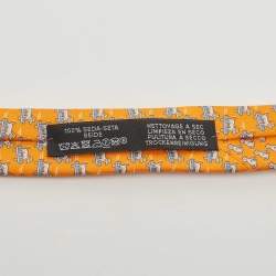 Pre Owned Hermès Orange Roller Dog Printed Silk Slim Tie