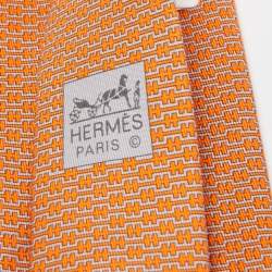 Pre Owned Hermes Orange H Ligne Printed Silk Slim Tie