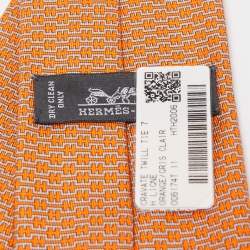 Pre Owned Hermes Orange H Ligne Printed Silk Slim Tie