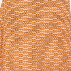Pre Owned Hermes Orange H Ligne Printed Silk Slim Tie