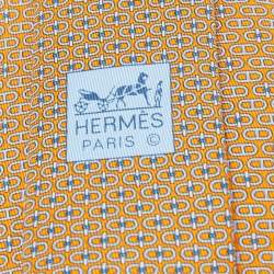 Pre Owned Hermès Orange Glenan Twillbi Printed Silk Slim Tie