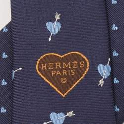 Pre Owned Hermès Navy Blue From Hermes With Love Silk Jacquard Slim Tie