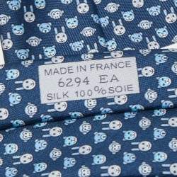 Pre Owned Hermès Navy Blue Tetes A Pois Printed Silk Slim Tie