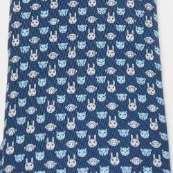 Pre Owned Hermès Navy Blue Tetes A Pois Printed Silk Slim Tie