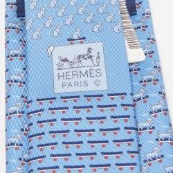 Pre Owned Hermès Blue Roller Dog Printed Silk Slim Tie