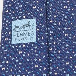 Pre Owned Hermès Navy Blue Bubble H Printed Silk Slim Tie