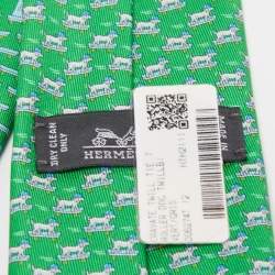 Pre Owned Hermès Green Roller Dog Printed Silk Slim Tie