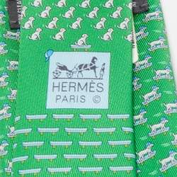 Pre Owned Hermès Green Roller Dog Printed Silk Slim Tie
