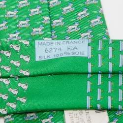 Pre Owned Hermès Green Roller Dog Printed Silk Slim Tie