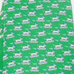 Pre Owned Hermès Green Roller Dog Printed Silk Slim Tie