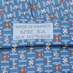 Pre Owned Hermès Blue H Luck Printed Silk Slim Tie