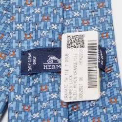 Pre Owned Hermès Blue H Luck Printed Silk Slim Tie